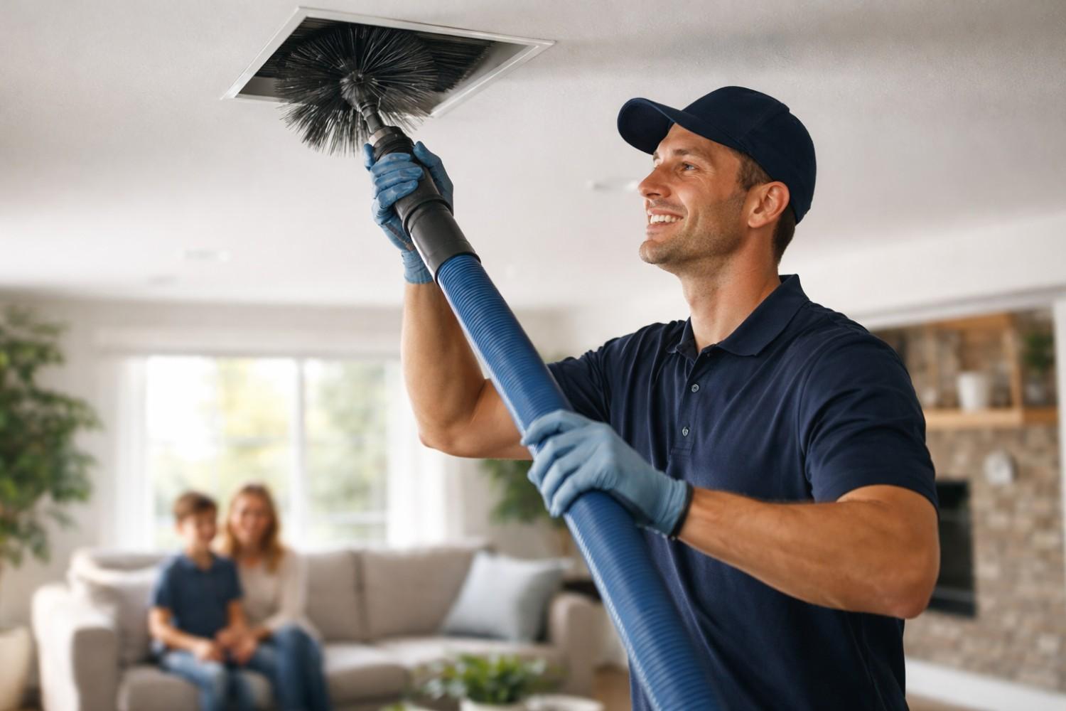 A smiling professional in a blue uniform and cap uses a long blue vacuum hose with a black brush attachment to clean a ceiling air vent, while a mother and child sit on a couch in the blurred background
