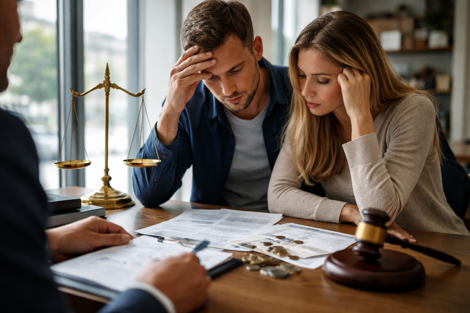 A distressed couple sits across a desk from a legal professional reviewing documents, with scattered coins, a gavel, and scales of justice resting on the paperwork